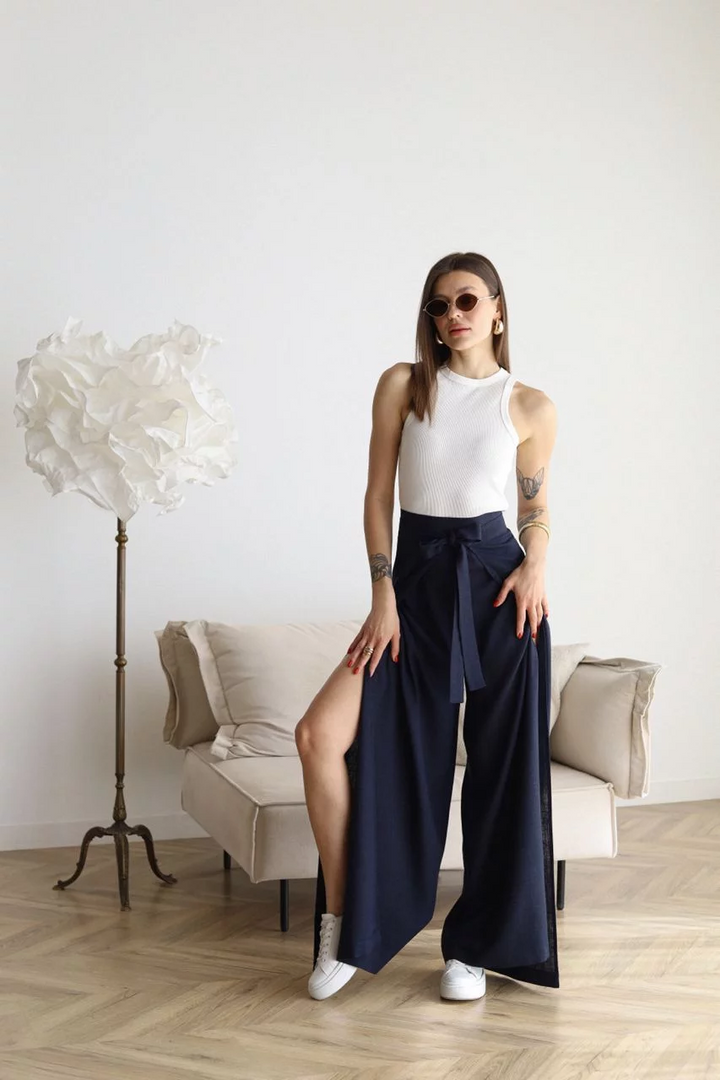 Stella | Weite Leinenhosen mit Spitze