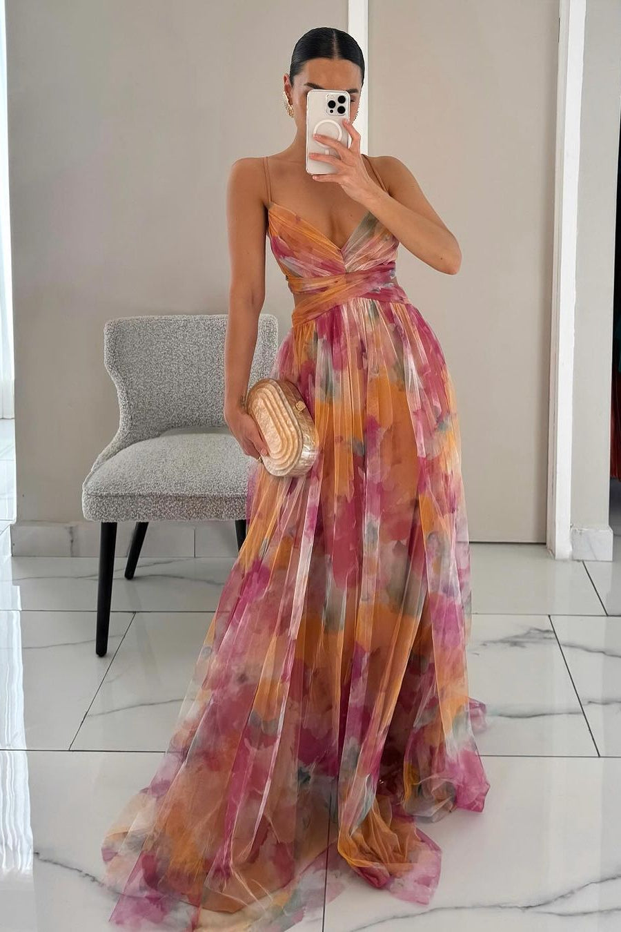 Ute | Elegantes Maxikleid mit Aquarell-Print