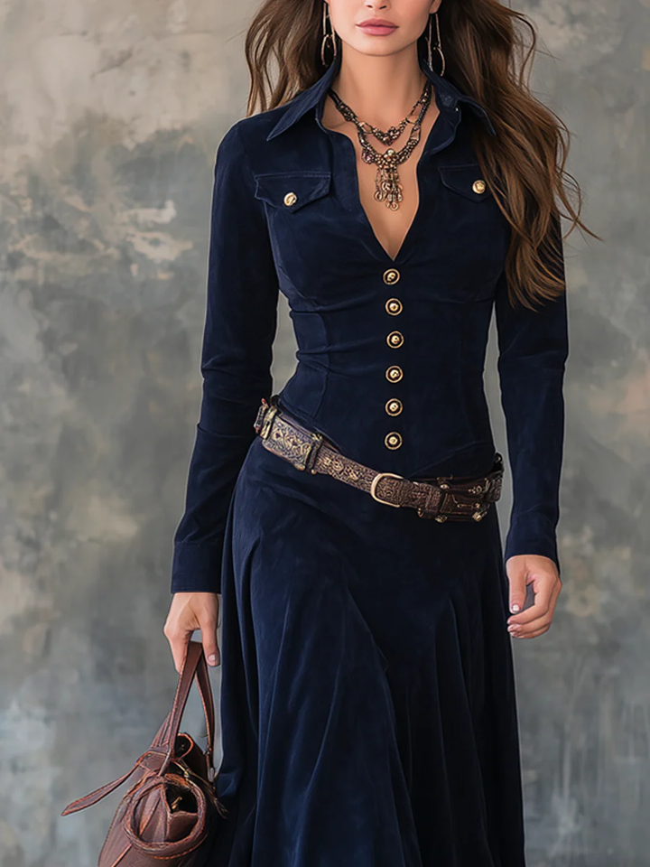 Camilla | V-Ausschnitt Langarm Maxi Kleid