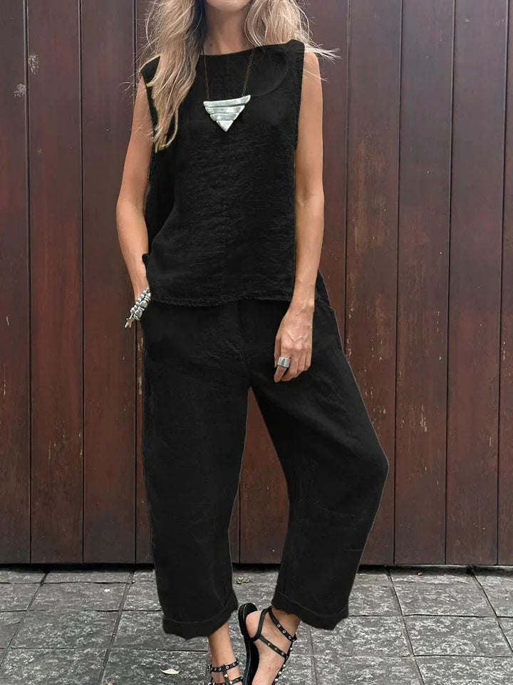 Maike | Ärmelloses Baumwoll-Leinen Hosen-Set
